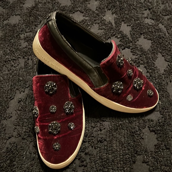Michael Kors Velvet Embellished Slide On Sneakers Plum Maroon 7 - Picture 4 of 7